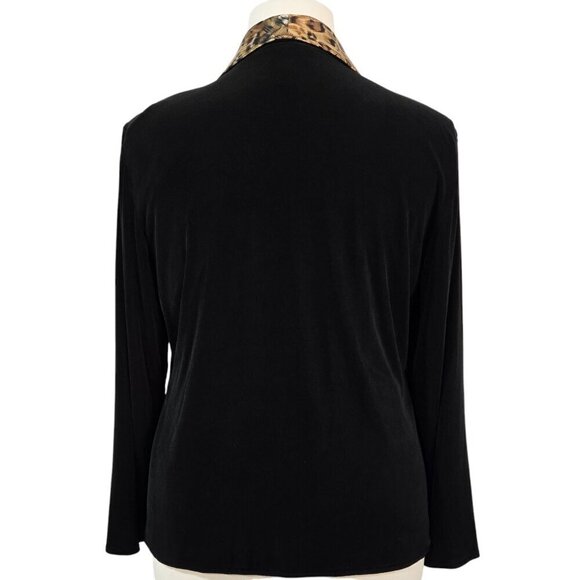 Chico's Travelers Black Leopard Print Collar Slinky Knit Open Front Jacket - Picture 2 of 7